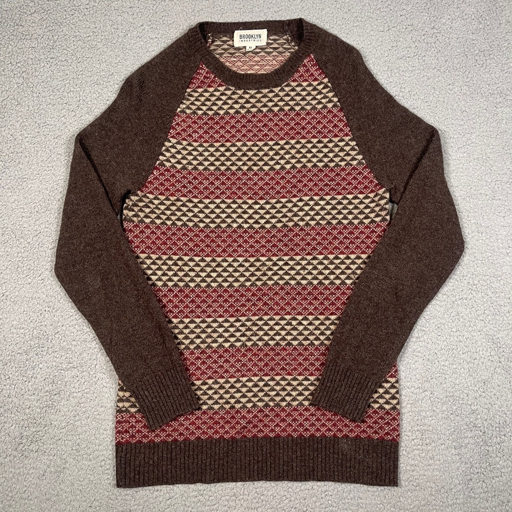 Brooklyn Industries Lambs Wool Sweater Mens M‎ Brown Geometric Pattern Luxury